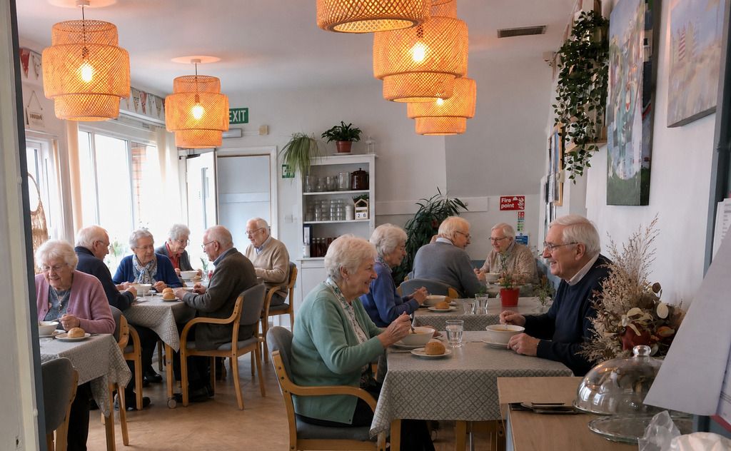 The lunch club at Twyford House with a group of elderly people enjoyed lunch