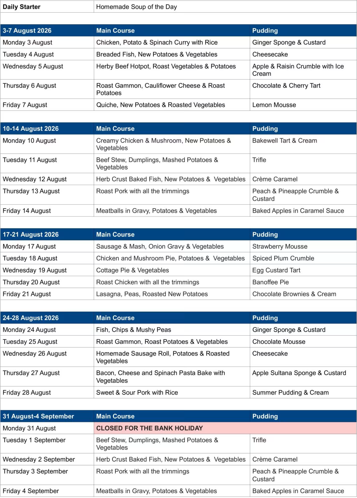 August Menus